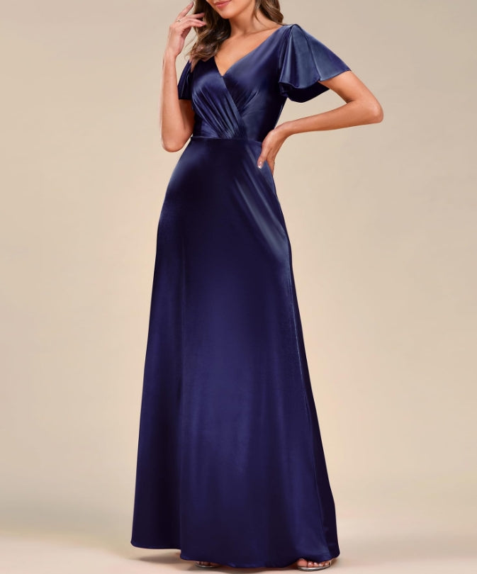 Navy Blue Women's Shiny Satin Ruffles Sleeves V-Neck Prom Dresses For Evening Dresses